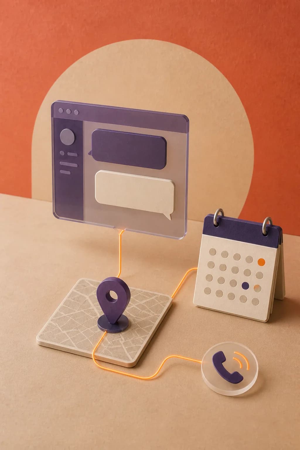 Illustration d’un premier échange reliant message, appel, localisation, calendrier et cadrage du besoin.